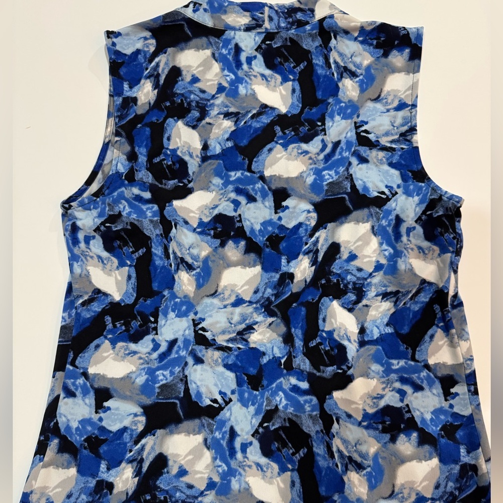 Calvin Klein Floral Draped Neck Blouse Sleeveless Blue White Petite 8 - Picture 3 of 7
